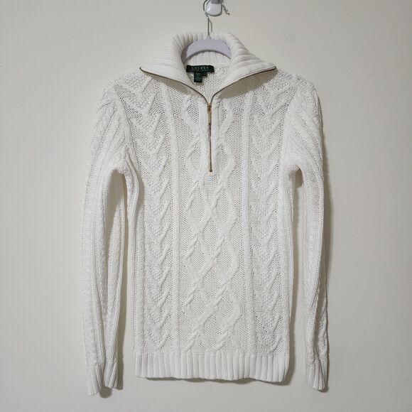 Lauren Ralph Lauren Sweaters - Lauren Ralph Lauren Cable Knit 1/4 Zip Sweater White Cotton Turtle Neck Size S